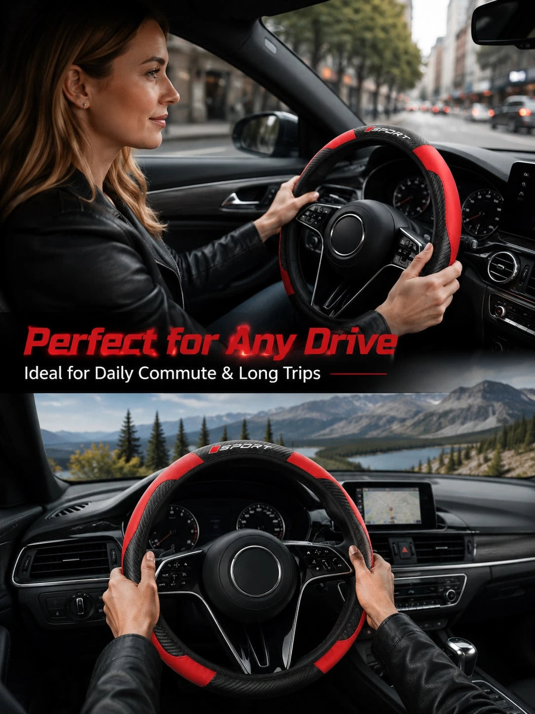 Sporty Carbon Fiber Pattern Steering Wheel Cover, Premium PU Leather With Non-Slip Grip, Universal Fit For 14.5-15 Inch Steering Wheels (Cars/SUVs/Trucks), Racing Style Interior Accessory