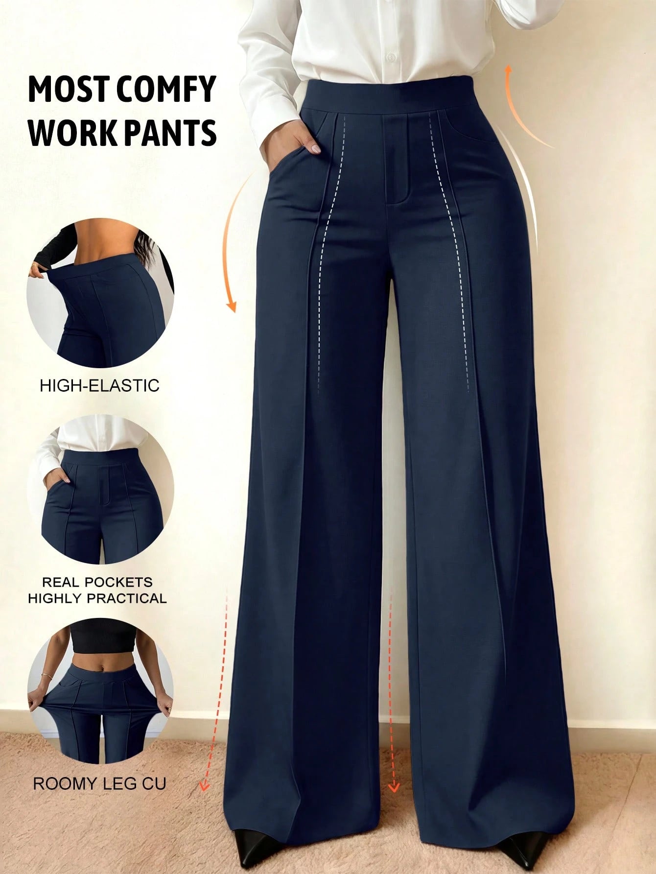 Spring/Summer Elastic Thin Daily Versatile Commute Minimalist Solid Color Wide Leg Pants With Pockets And Seam Detail To Shape Legs Women's Long Pants Daily Office Sports
