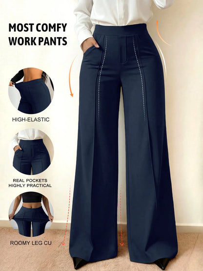 Spring/Summer Elastic Thin Daily Versatile Commute Minimalist Solid Color Wide Leg Pants With Pockets And Seam Detail To Shape Legs Women's Long Pants Daily Office Sports