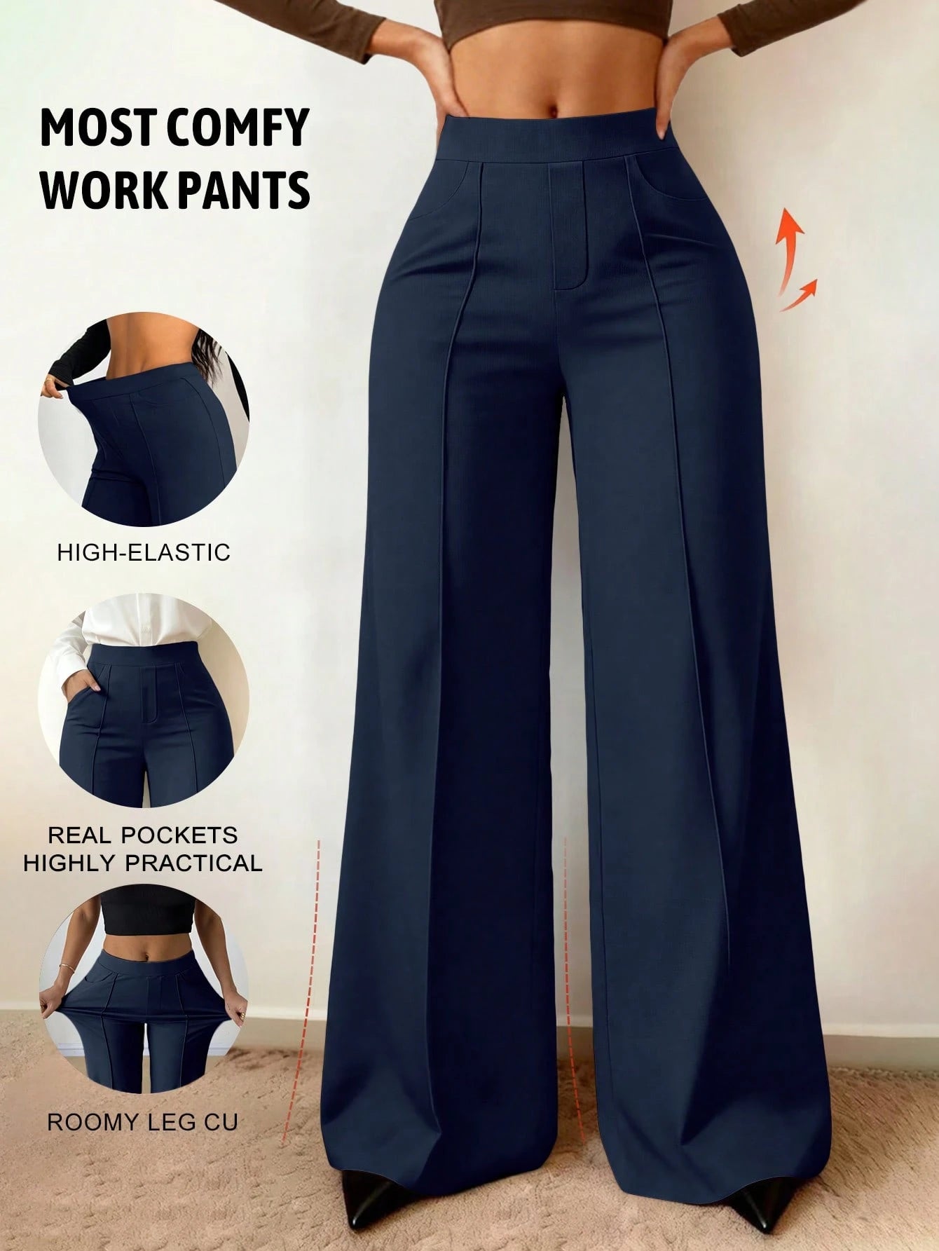 Spring/Summer Elastic Thin Daily Versatile Commute Minimalist Solid Color Wide Leg Pants With Pockets And Seam Detail To Shape Legs Women's Long Pants Daily Office Sports