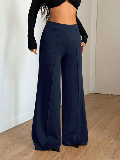 Spring/Summer Elastic Thin Daily Versatile Commute Minimalist Solid Color Wide Leg Pants With Pockets And Seam Detail To Shape Legs Women's Long Pants Daily Office Sports