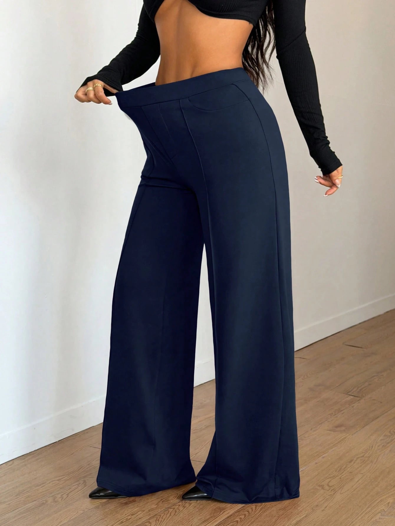 Spring/Summer Elastic Thin Daily Versatile Commute Minimalist Solid Color Wide Leg Pants With Pockets And Seam Detail To Shape Legs Women's Long Pants Daily Office Sports