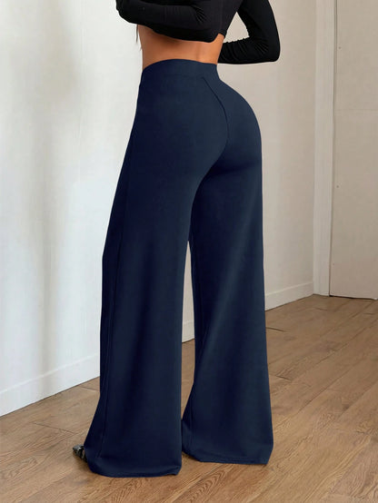 Spring/Summer Elastic Thin Daily Versatile Commute Minimalist Solid Color Wide Leg Pants With Pockets And Seam Detail To Shape Legs Women's Long Pants Daily Office Sports