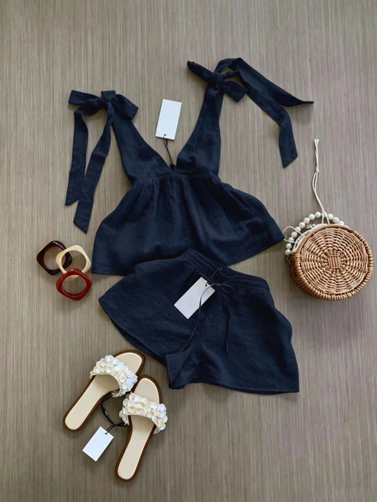 Spring/Summer Women's Fashion Set, Sleeveless Top With Elegant Tie Design, Strappy Shorts Vacation Set, Daily Casual Wear, Resort Wear