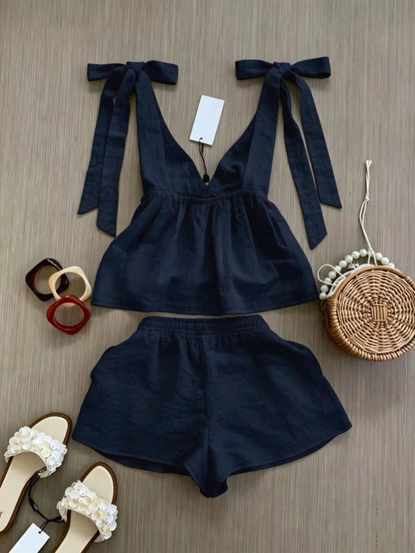 Spring/Summer Women's Fashion Set, Sleeveless Top With Elegant Tie Design, Strappy Shorts Vacation Set, Daily Casual Wear, Resort Wear