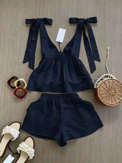 Spring/Summer Women's Fashion Set, Sleeveless Top With Elegant Tie Design, Strappy Shorts Vacation Set, Daily Casual Wear, Resort Wear