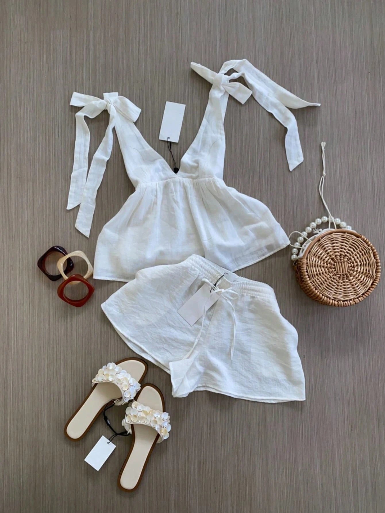Spring/Summer Women's Fashion Set, Sleeveless Top With Elegant Tie Design, Strappy Shorts Vacation Set, Daily Casual Wear, Resort Wear