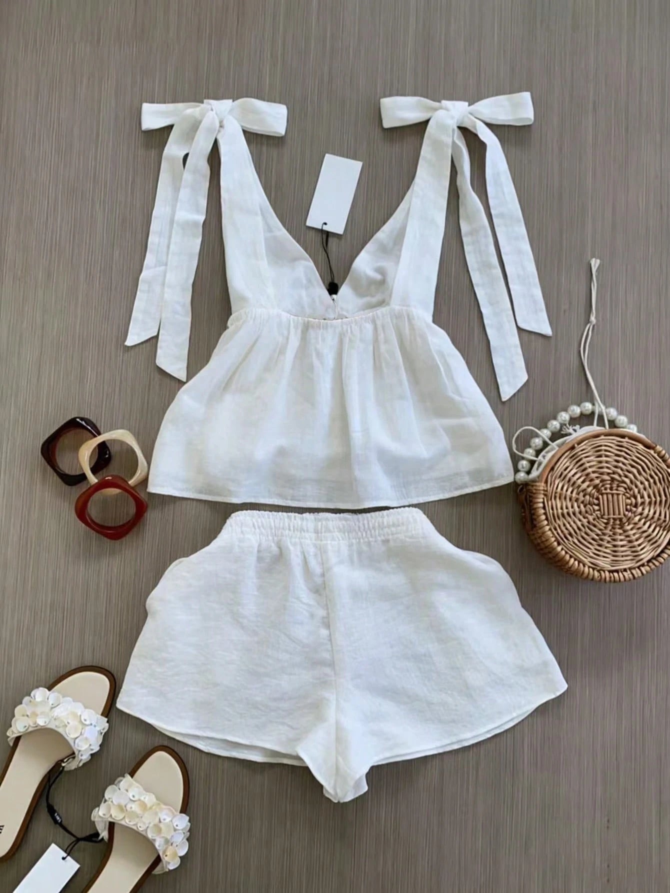 Spring/Summer Women's Fashion Set, Sleeveless Top With Elegant Tie Design, Strappy Shorts Vacation Set, Daily Casual Wear, Resort Wear