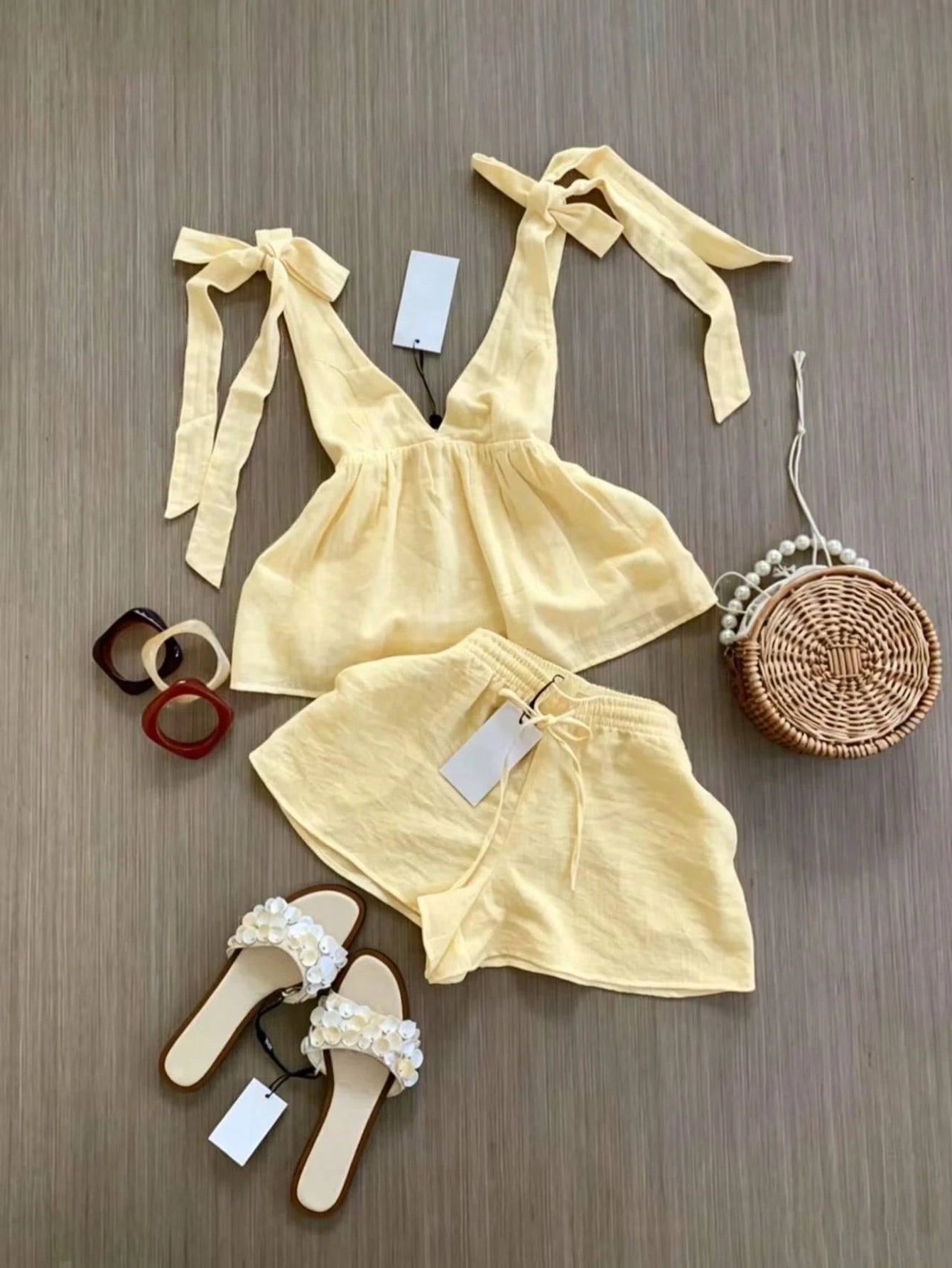 Spring/Summer Women's Fashion Set, Sleeveless Top With Elegant Tie Design, Strappy Shorts Vacation Set, Daily Casual Wear, Resort Wear