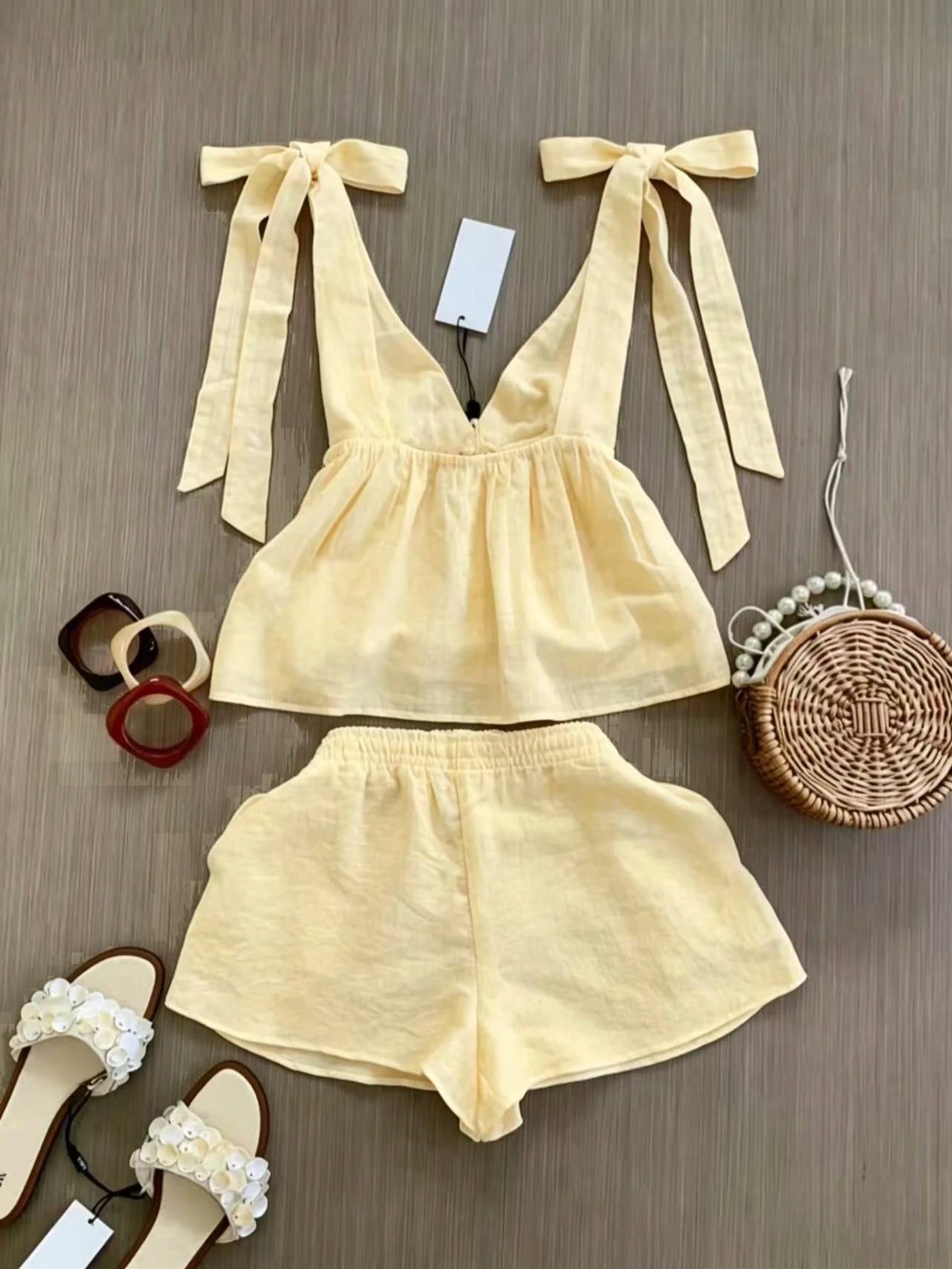 Spring/Summer Women's Fashion Set, Sleeveless Top With Elegant Tie Design, Strappy Shorts Vacation Set, Daily Casual Wear, Resort Wear