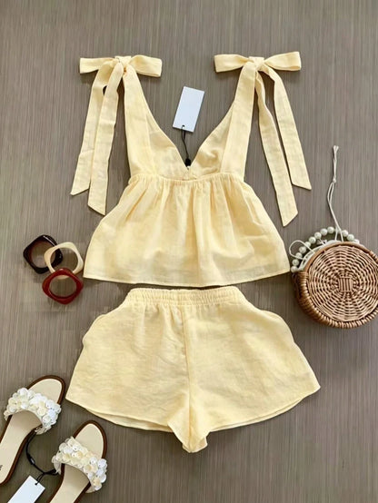 Spring/Summer Women's Fashion Set, Sleeveless Top With Elegant Tie Design, Strappy Shorts Vacation Set, Daily Casual Wear, Resort Wear