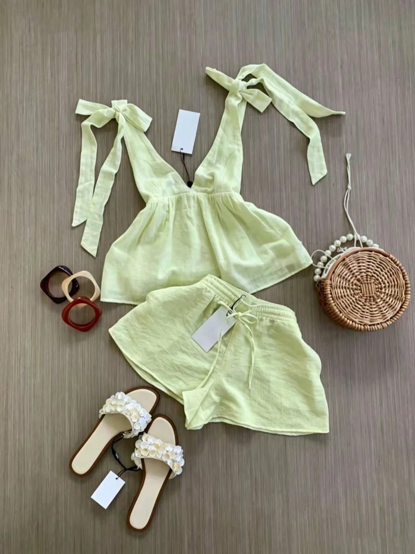 Spring/Summer Women's Fashion Set, Sleeveless Top With Elegant Tie Design, Strappy Shorts Vacation Set, Daily Casual Wear, Resort Wear