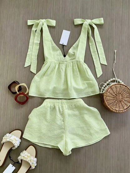 Spring/Summer Women's Fashion Set, Sleeveless Top With Elegant Tie Design, Strappy Shorts Vacation Set, Daily Casual Wear, Resort Wear