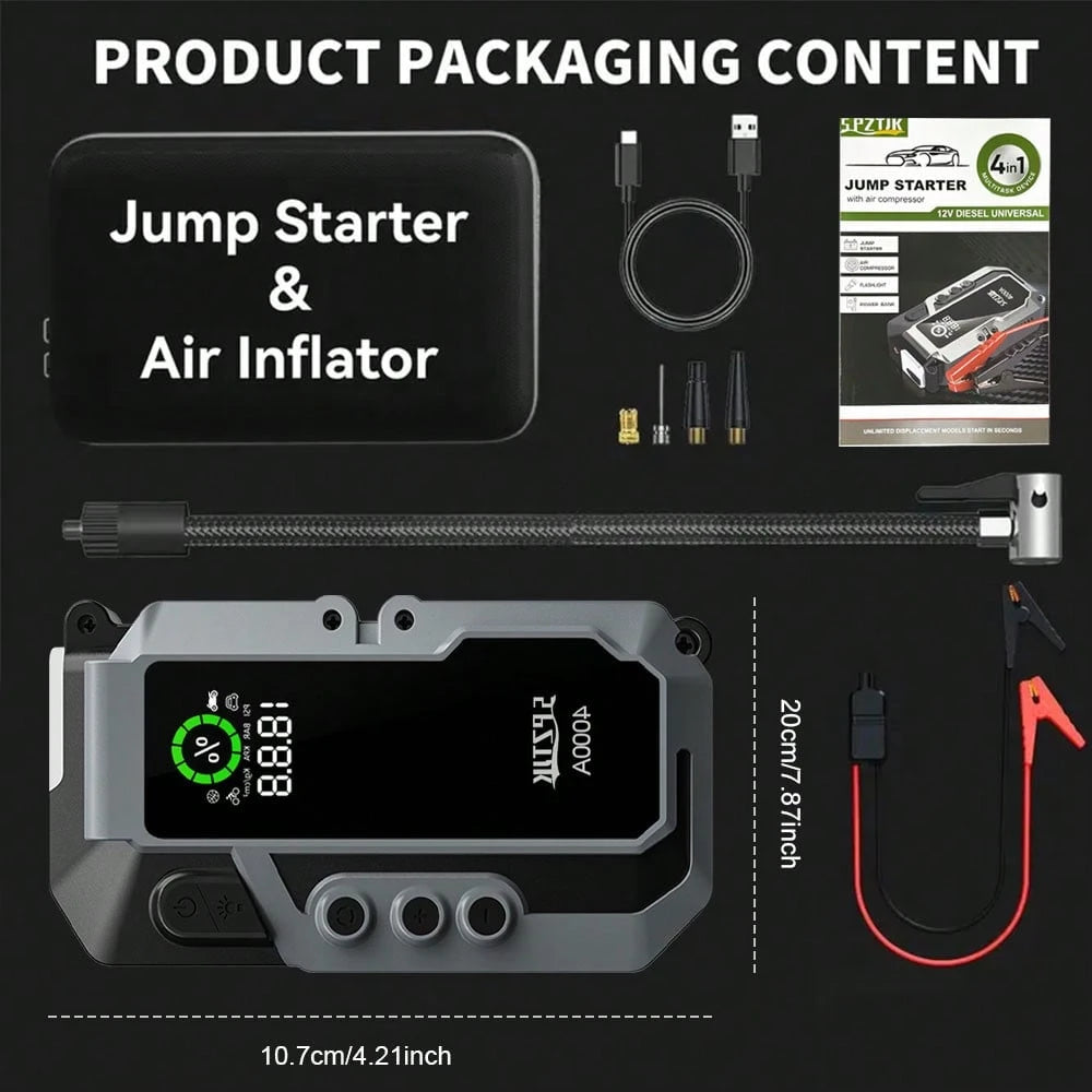 SPZTJK 25000mAH Car Battery Jump Starter With Air Compressor/ Tire Inflator, 5in 1 Function Jump Box 150PSl JumpStarter Battery Pack With Tire Inflator, 4000A Car Battery Charger Portable For Gal GasO