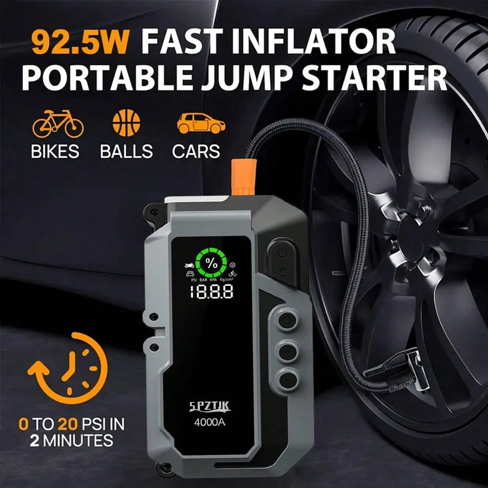 SPZTJK 25000mAH Car Battery Jump Starter With Air Compressor/ Tire Inflator, 5in 1 Function Jump Box 150PSl JumpStarter Battery Pack With Tire Inflator, 4000A Car Battery Charger Portable For Gal GasO