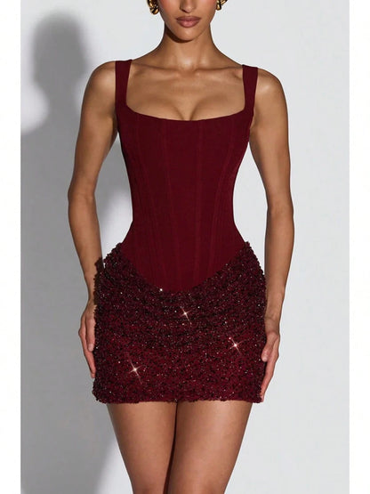 Square Neck Corset Mini Party Dress, Sequin Ruched Skirt Bodycon Gown For Birthday Banquets, Cocktail Gatherings & Club Occasions