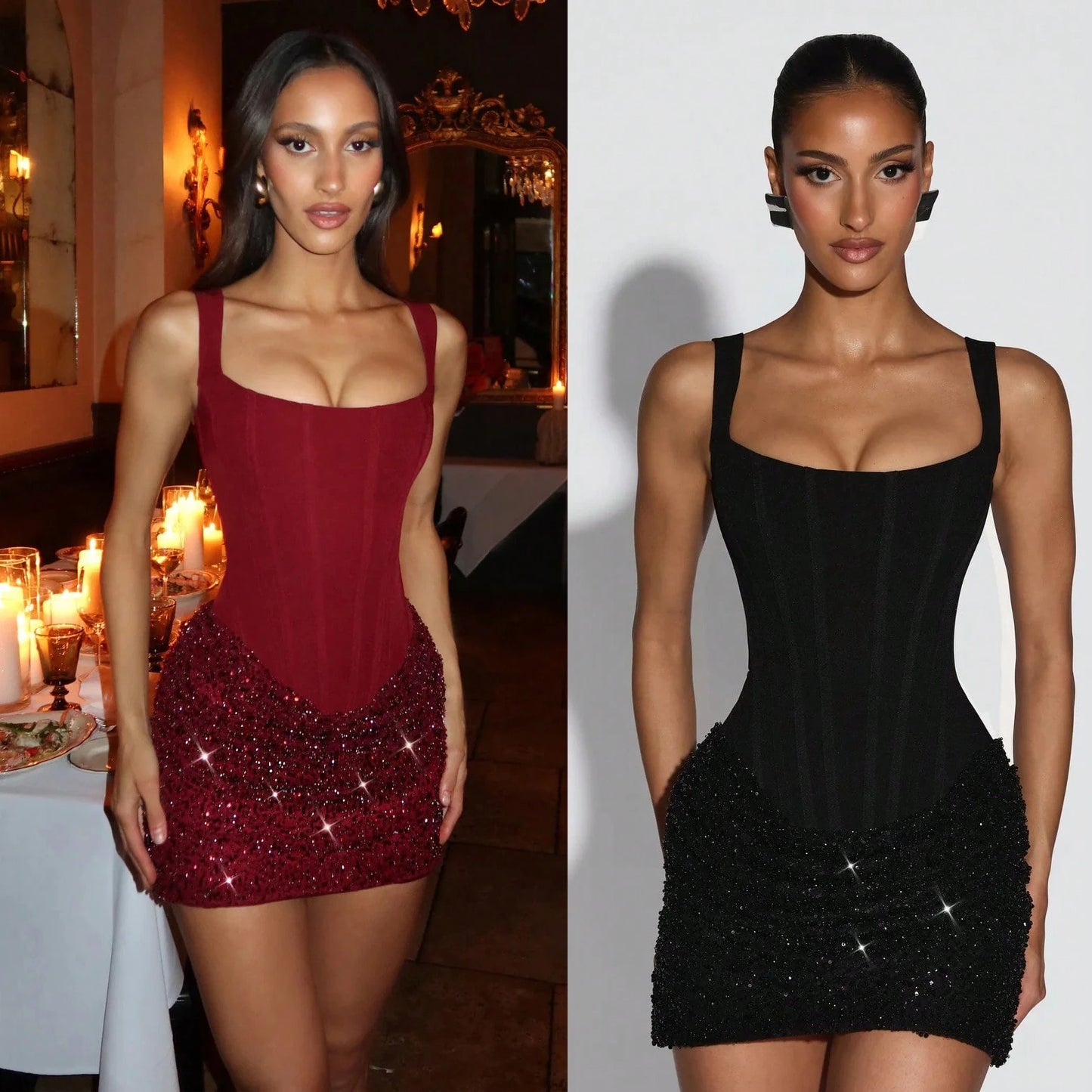 Square Neck Corset Mini Party Dress, Sequin Ruched Skirt Bodycon Gown For Birthday Banquets, Cocktail Gatherings & Club Occasions