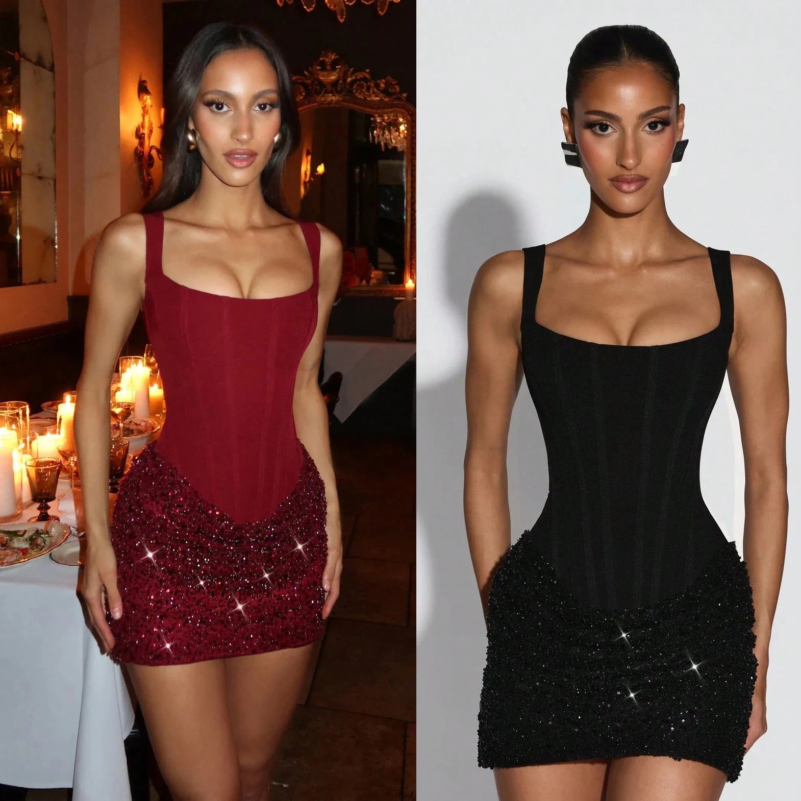 Square Neck Corset Mini Party Dress, Sequin Ruched Skirt Bodycon Gown For Birthday Banquets, Cocktail Gatherings & Club Occasions