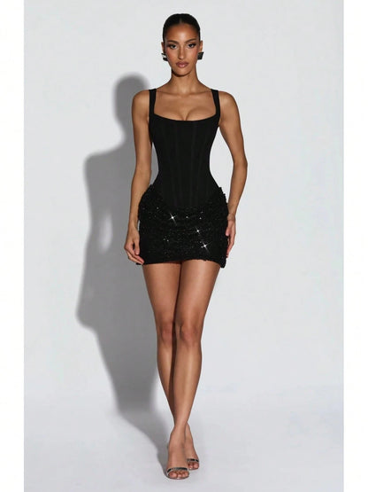 Square Neck Corset Mini Party Dress, Sequin Ruched Skirt Bodycon Gown For Birthday Banquets, Cocktail Gatherings & Club Occasions