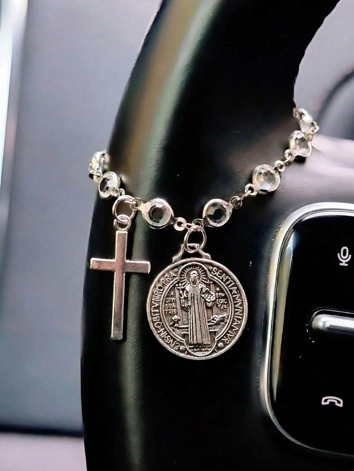 St. Benedict Cross Car Pendant, Blessing Travel Amulet, Religious Protection Car Interior Decor, Hang On Steering Wheel Or Handbag, Perfect Christmas Thanksgiving New Car Gift For Family And Friends