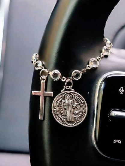 St. Benedict Cross Car Pendant, Blessing Travel Amulet, Religious Protection Car Interior Decor, Hang On Steering Wheel Or Handbag, Perfect Christmas Thanksgiving New Car Gift For Family And Friends