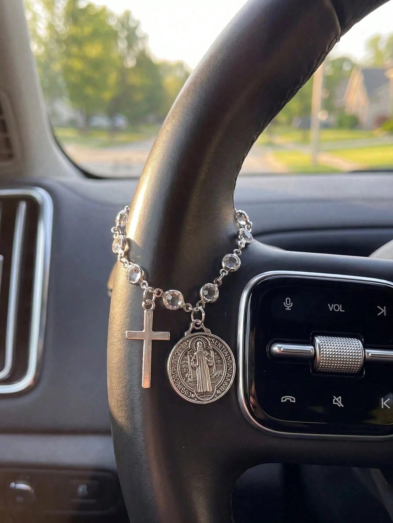 St. Benedict Cross Car Pendant, Blessing Travel Amulet, Religious Protection Car Interior Decor, Hang On Steering Wheel Or Handbag, Perfect Christmas Thanksgiving New Car Gift For Family And Friends