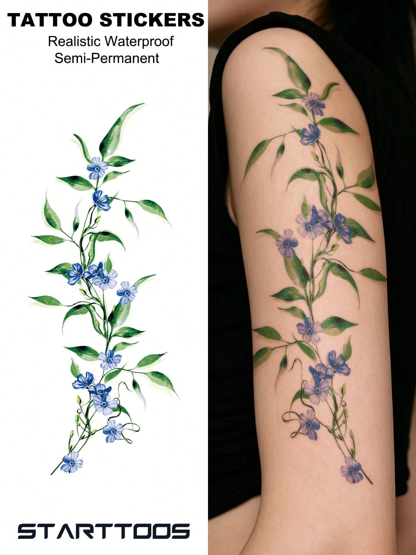 STARTTOOS Halloween Fresh Elegant Light Blue Floral Vine Pattern Halloween Makeup Halloween Street Party Gift Arm Shoulder Neck Leg Waterproof Tattoo Sticker 1pc/Pack