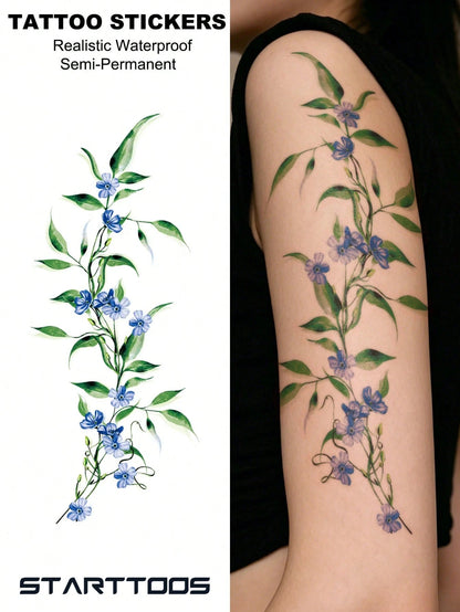 STARTTOOS Halloween Fresh Elegant Light Blue Floral Vine Pattern Halloween Makeup Halloween Street Party Gift Arm Shoulder Neck Leg Waterproof Tattoo Sticker 1pc/Pack