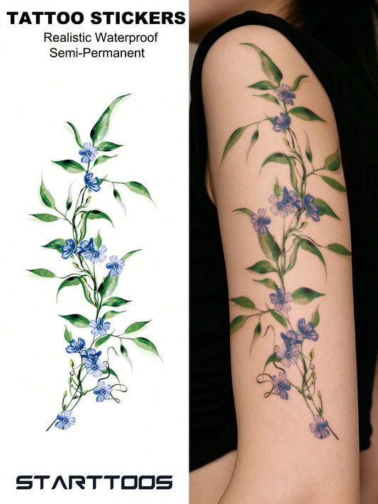 STARTTOOS Halloween Fresh Elegant Light Blue Floral Vine Pattern Halloween Makeup Halloween Street Party Gift Arm Shoulder Neck Leg Waterproof Tattoo Sticker 1pc/Pack