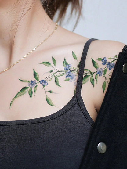 STARTTOOS Halloween Fresh Elegant Light Blue Floral Vine Pattern Halloween Makeup Halloween Street Party Gift Arm Shoulder Neck Leg Waterproof Tattoo Sticker 1pc/Pack