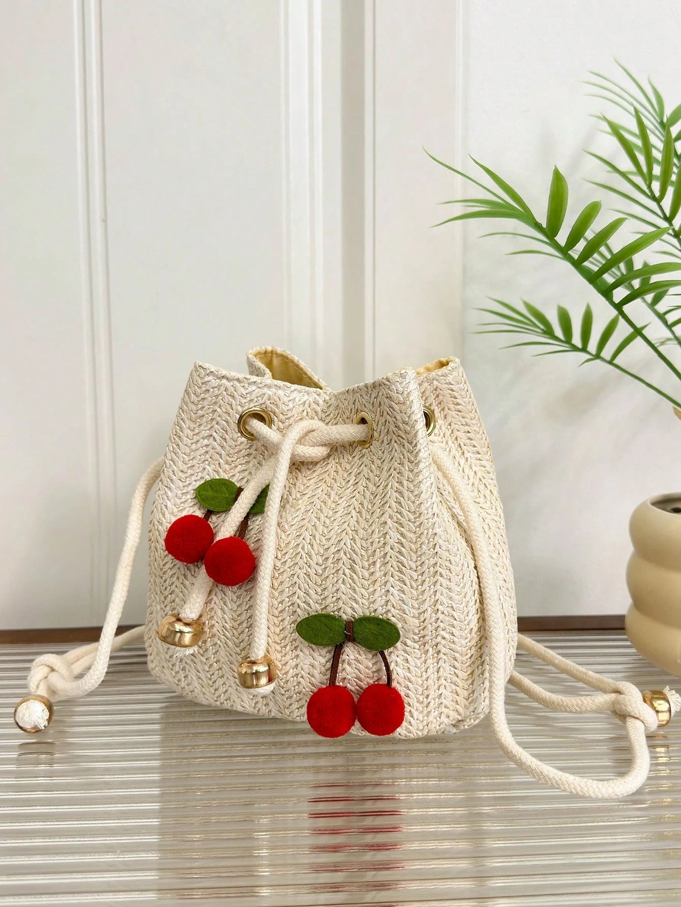 Strawberry Fashion New Shoulder Crossbody Bag Handbag Commuter Bag Drawstring Bucket Bag Minimalist Cherry Shoulder Bag, Summer, Straw Bag, Beach,Beach Bag