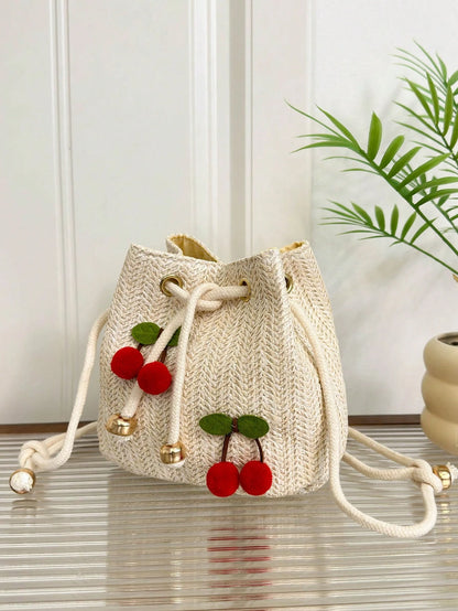 Strawberry Fashion New Shoulder Crossbody Bag Handbag Commuter Bag Drawstring Bucket Bag Minimalist Cherry Shoulder Bag, Summer, Straw Bag, Beach,Beach Bag