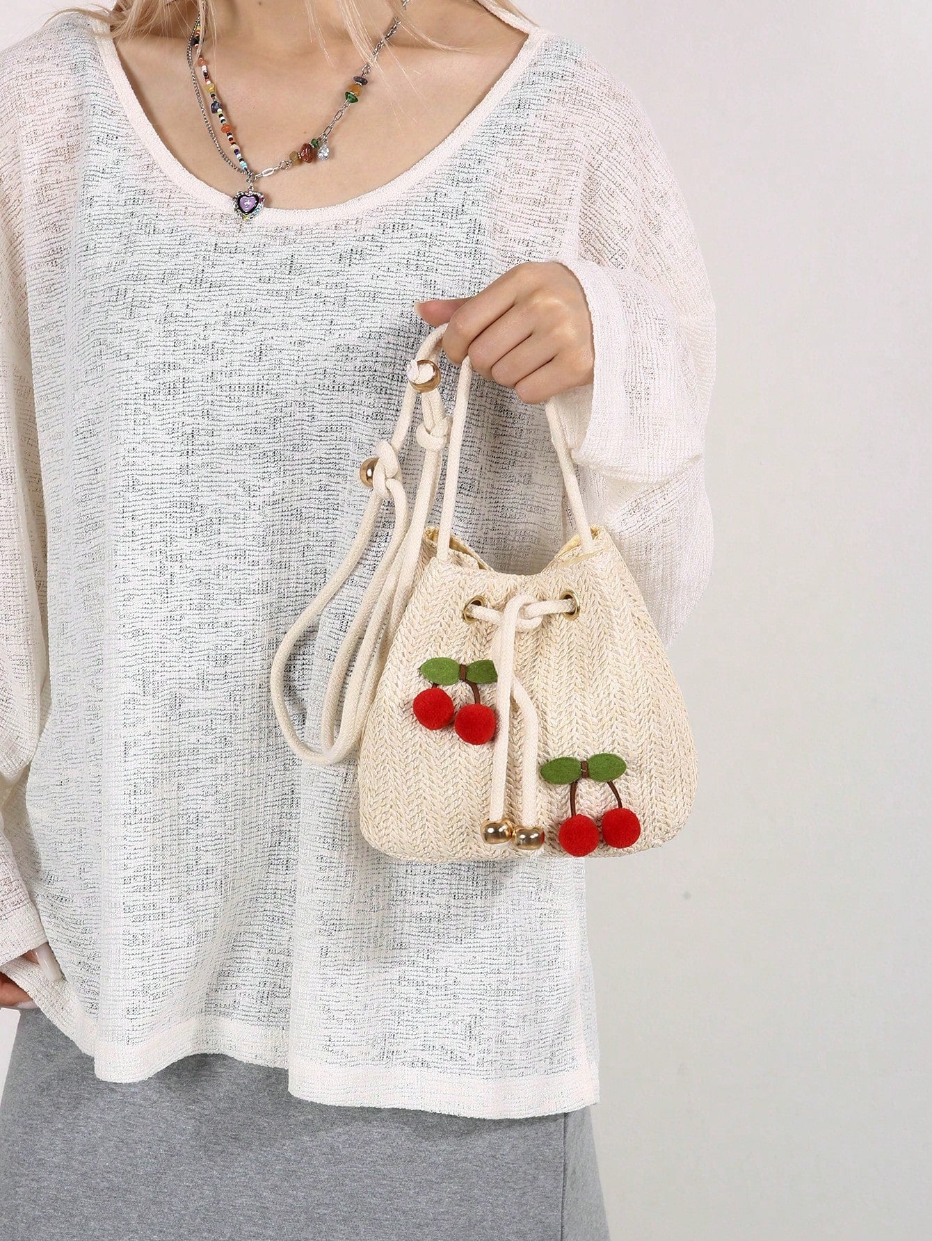 Strawberry Fashion New Shoulder Crossbody Bag Handbag Commuter Bag Drawstring Bucket Bag Minimalist Cherry Shoulder Bag, Summer, Straw Bag, Beach,Beach Bag