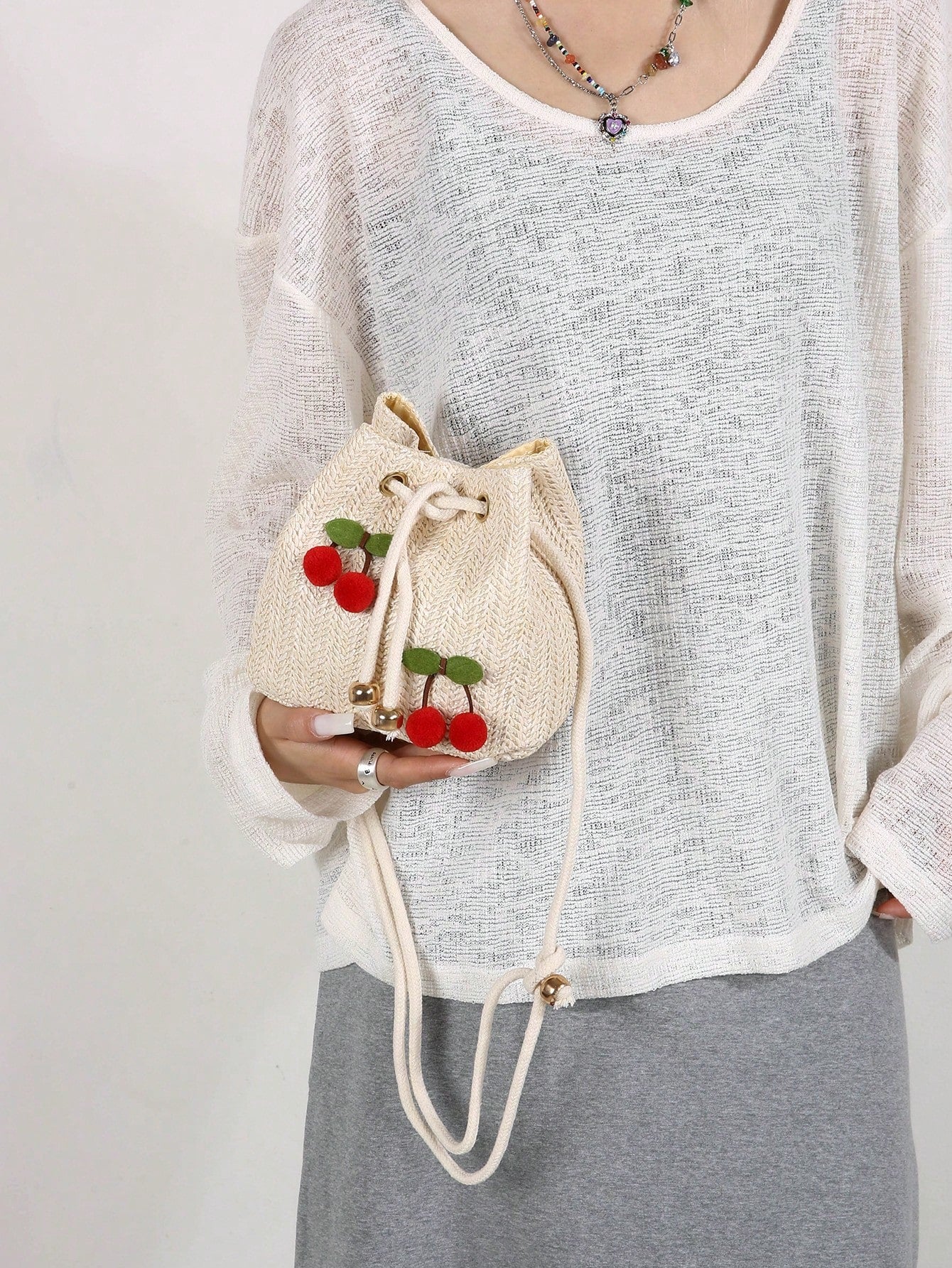 Strawberry Fashion New Shoulder Crossbody Bag Handbag Commuter Bag Drawstring Bucket Bag Minimalist Cherry Shoulder Bag, Summer, Straw Bag, Beach,Beach Bag
