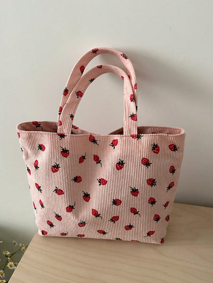 Strawberry Print Tote Bag, Cute Style, Fashionable Large Capacity Versatile Shoulder Women's Bag With Ribbed Texture