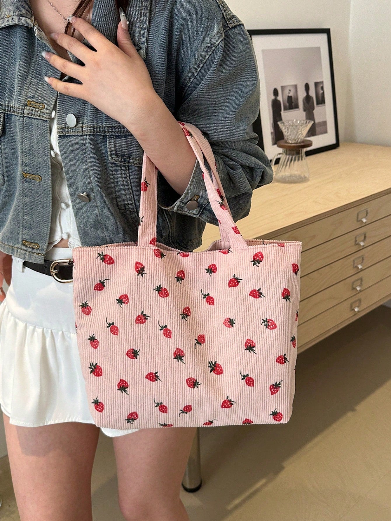 Strawberry Print Tote Bag, Cute Style, Fashionable Large Capacity Versatile Shoulder Women's Bag With Ribbed Texture