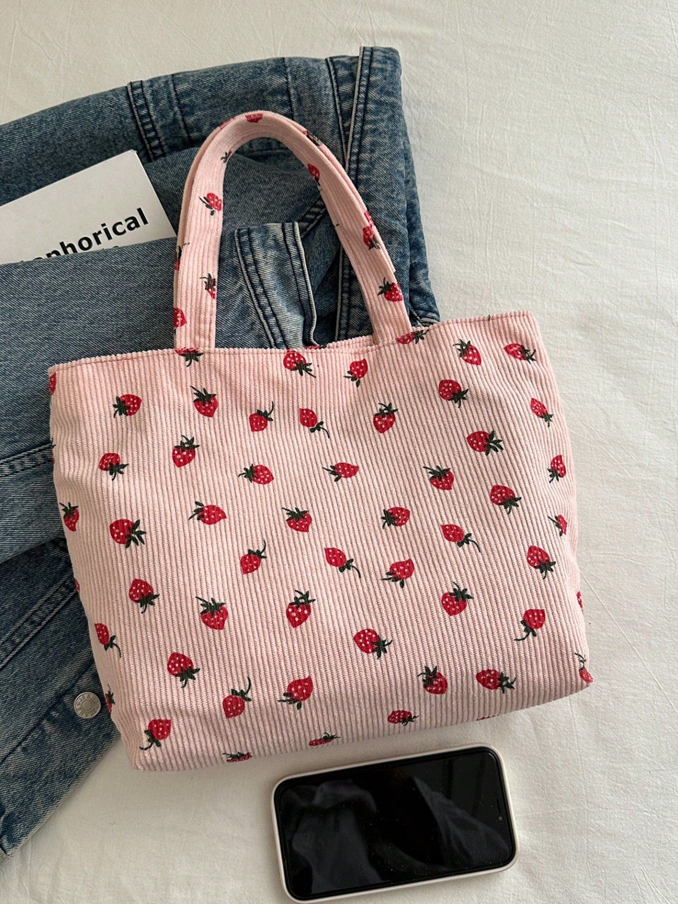 Strawberry Print Tote Bag, Cute Style, Fashionable Large Capacity Versatile Shoulder Women's Bag With Ribbed Texture