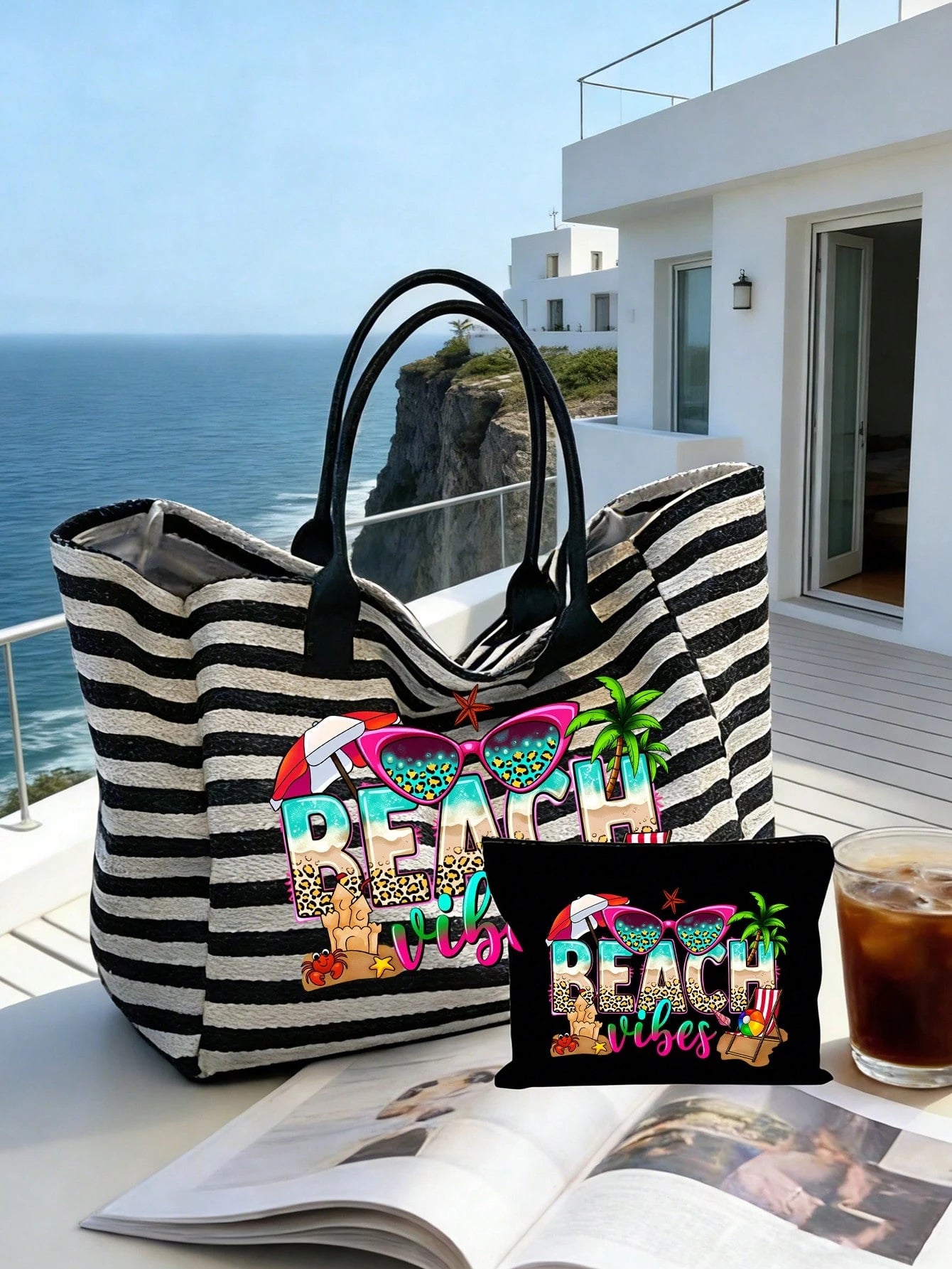Striped Woven Large Capacity Summer Beach Bag Set, Including Matching Small Bag, Lightweight Waterproof Tote Suitable For Beach, Pool Party, Vacation And Daily Shopping, Can Hold Swimwear, Towels, Cos