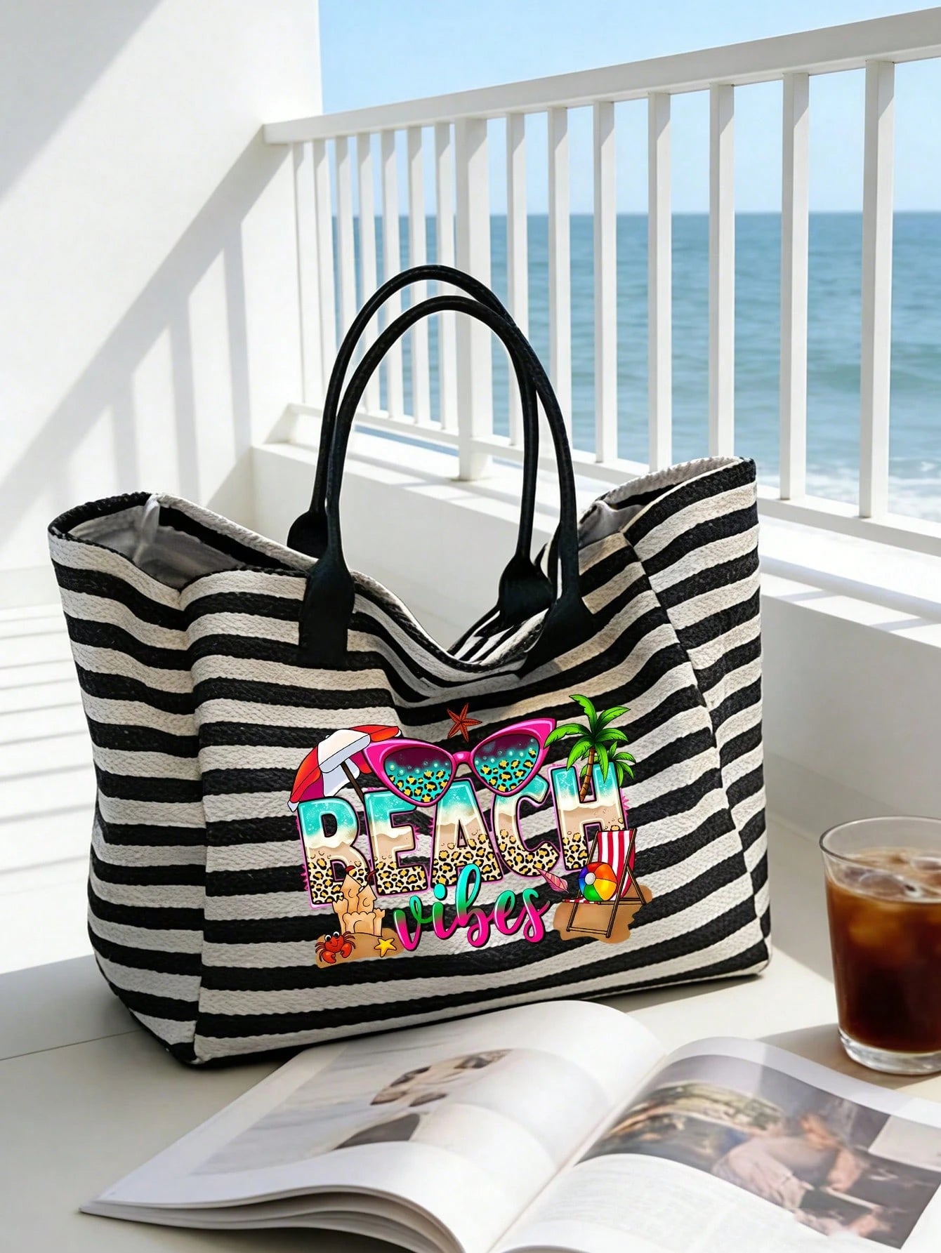 Striped Woven Large Capacity Summer Beach Bag Set, Including Matching Small Bag, Lightweight Waterproof Tote Suitable For Beach, Pool Party, Vacation And Daily Shopping, Can Hold Swimwear, Towels, Cos