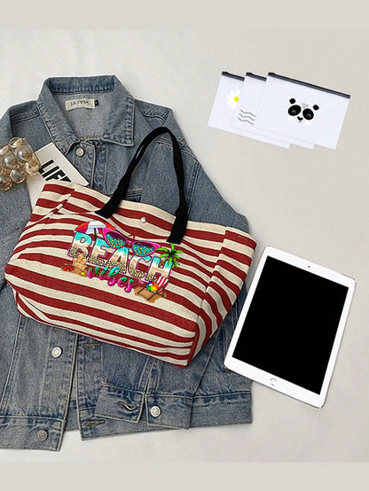 Striped Woven Large Capacity Summer Beach Bag Set, Including Matching Small Bag, Lightweight Waterproof Tote Suitable For Beach, Pool Party, Vacation And Daily Shopping, Can Hold Swimwear, Towels, Cos