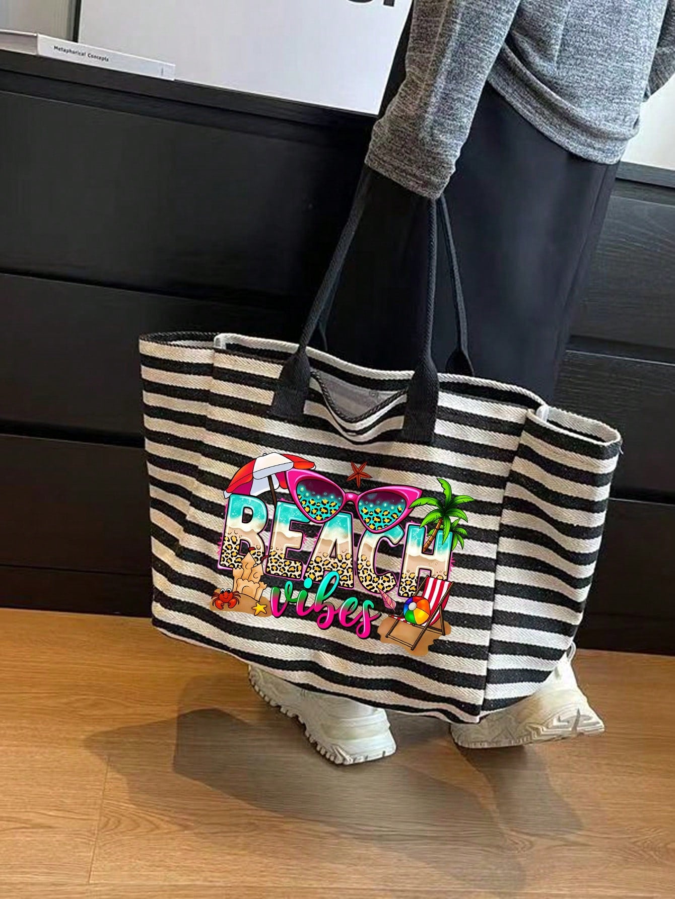 Striped Woven Large Capacity Summer Beach Bag Set, Including Matching Small Bag, Lightweight Waterproof Tote Suitable For Beach, Pool Party, Vacation And Daily Shopping, Can Hold Swimwear, Towels, Cos