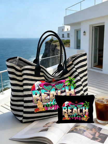 Striped Woven Large Capacity Summer Beach Bag Set, Including Matching Small Bag, Lightweight Waterproof Tote Suitable For Beach, Pool Party, Vacation And Daily Shopping, Can Hold Swimwear, Towels, Cos