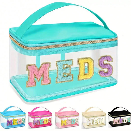 Stylish Black Chenille Letter Patch MEDS Bag- Transparent Travel Medicine Organizer Bag With Handle, Waterproof Nylon Portable Medicine And Toiletries Storage Bag, Suitable For Patients And Nurses.