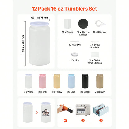Sublimation Tumblers, 12 Packs, 16 Oz Multicolored Tumblers Bulk, Stainless Steel Sublimation Cups With Lids And Straws, Back To School