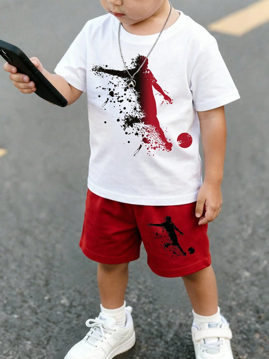 Summer Baby Boy Creative Fresh Football Player Silhouette Ink Splatter Pattern Print Casual Sports Style Basic Short T-Shirt And Shorts Set, Comfortable Daily Wear Outfit, Sets