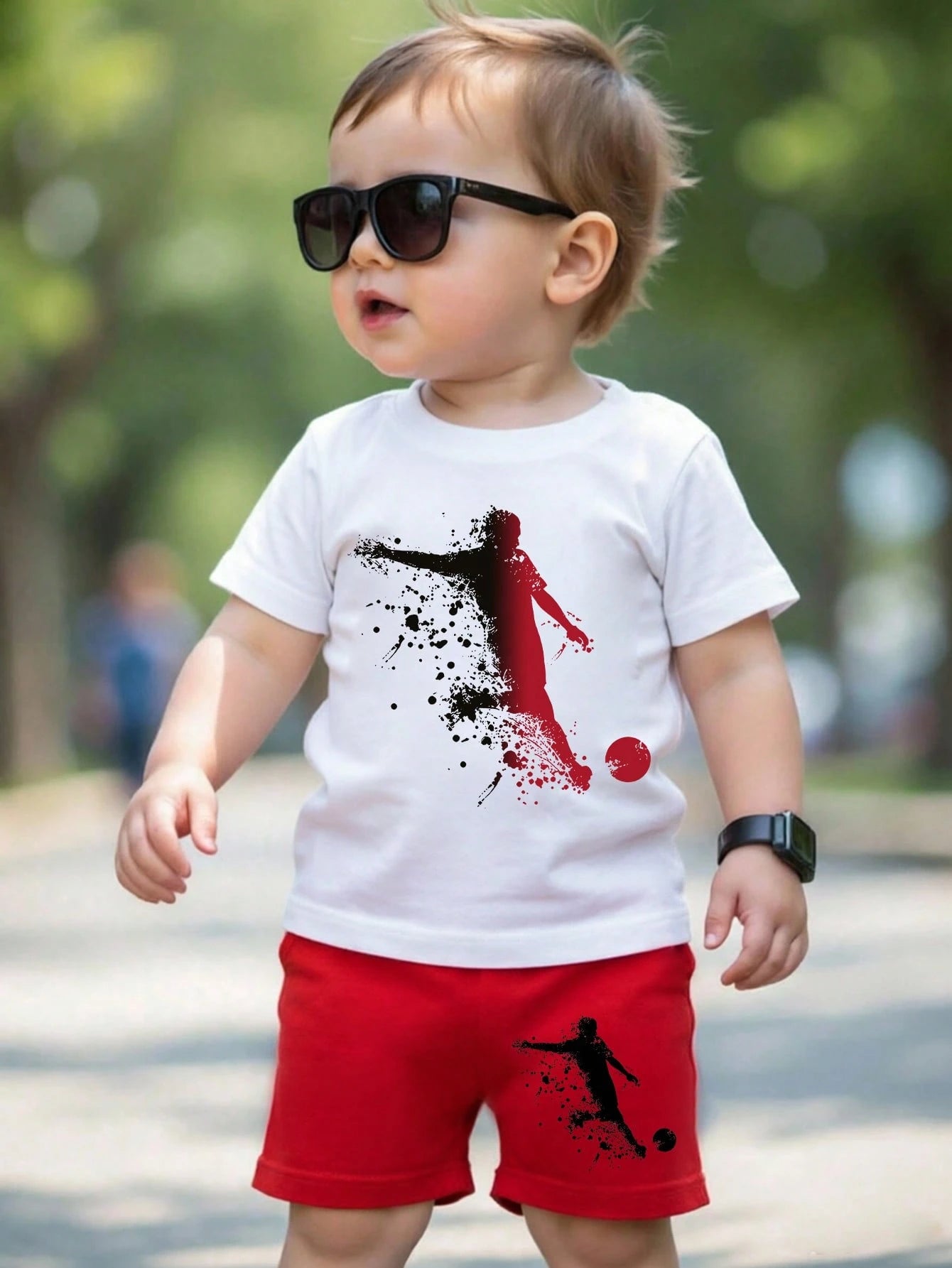 Summer Baby Boy Creative Fresh Football Player Silhouette Ink Splatter Pattern Print Casual Sports Style Basic Short T-Shirt And Shorts Set, Comfortable Daily Wear Outfit, Sets