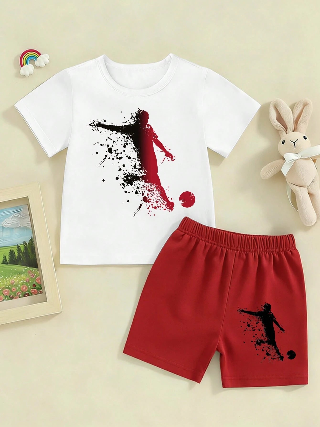 Summer Baby Boy Creative Fresh Football Player Silhouette Ink Splatter Pattern Print Casual Sports Style Basic Short T-Shirt And Shorts Set, Comfortable Daily Wear Outfit, Sets