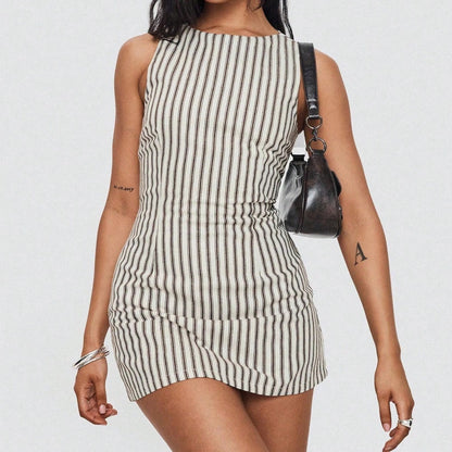 Summer Dress For Womensummer Dress For WomenSleeveless Round Neck Vertical Striped Fitted Mini Summer Dress For Women, Comfortable Casudress For Women