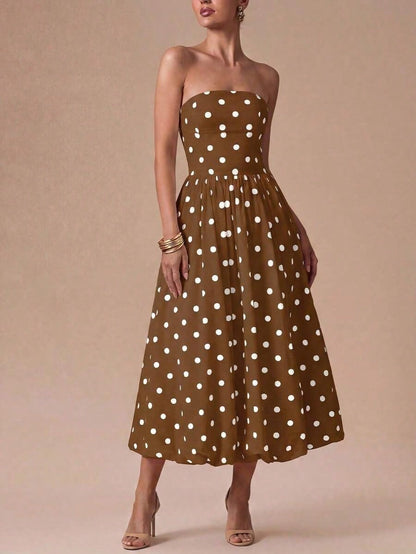 Summer Dresses For WomenElegant Retro Polka Dot Strapless Bubble Hem Midi Dress- Suitable For Wedding Guests, Parties, Beach, Summer Vacation, Outin