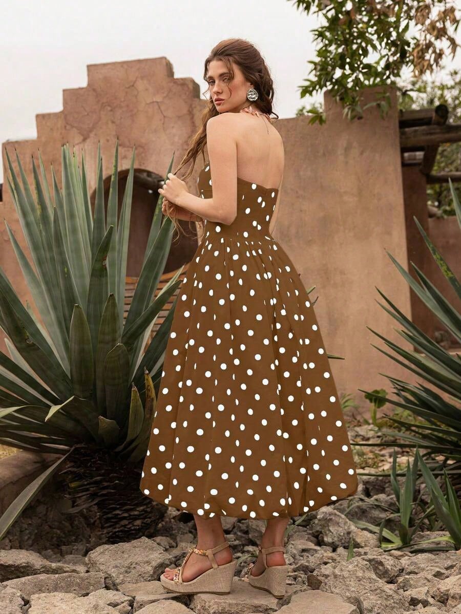 Summer Dresses For WomenElegant Retro Polka Dot Strapless Bubble Hem Midi Dress- Suitable For Wedding Guests, Parties, Beach, Summer Vacation, Outin